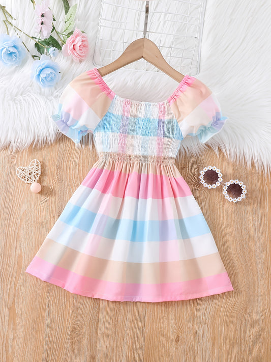 Girls Shirred Puff Sleeve Colorful Plaid Party Dress Kids Summer Clothes