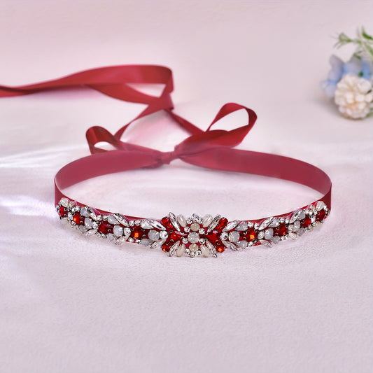 Red Rhinestone Bridal Belt with Crystals and Ribbon Accents