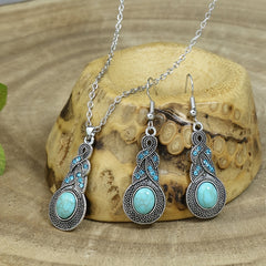 Bohemian Turquoise Inlaid Rhinestones Water Drop Earrings Necklace Set