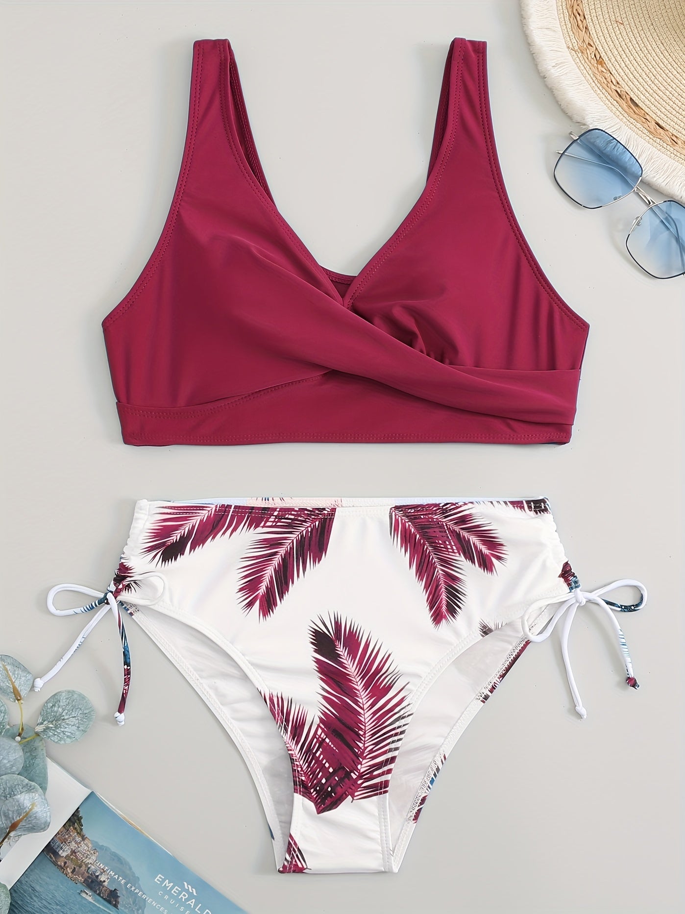Leaf Print Bikini Set Drawstring Tie Side Push Up Swimsuit Women's Swimwear
