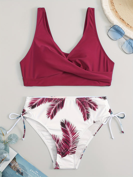 Leaf Print Bikini Set Drawstring Tie Side Push Up Swimsuit Women's Swimwear