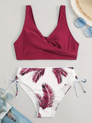 Leaf Print Bikini Set Drawstring Tie Side Push Up Swimsuit Women's Swimwear