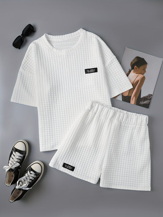 Waffle Casual Two piece Set T shirt & Shorts Women's Clothing