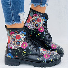 Skull & Rose Gothic Combat Boots Lace Up Ankle Halloween Shoes