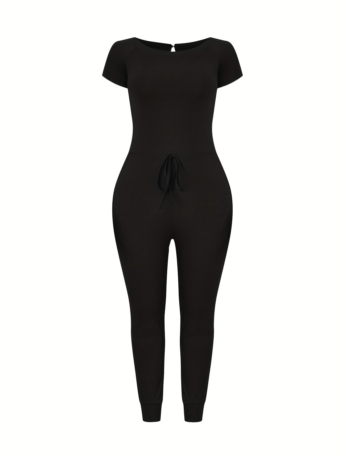 Casual Crew Neck Jumpsuit Drawstring Short Sleeve Solid