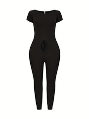 Casual Crew Neck Jumpsuit Drawstring Short Sleeve Solid