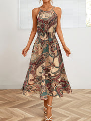 Paisley Print Sleeveless Shirred Dress Boho Resort Wear Drawstring Dress
