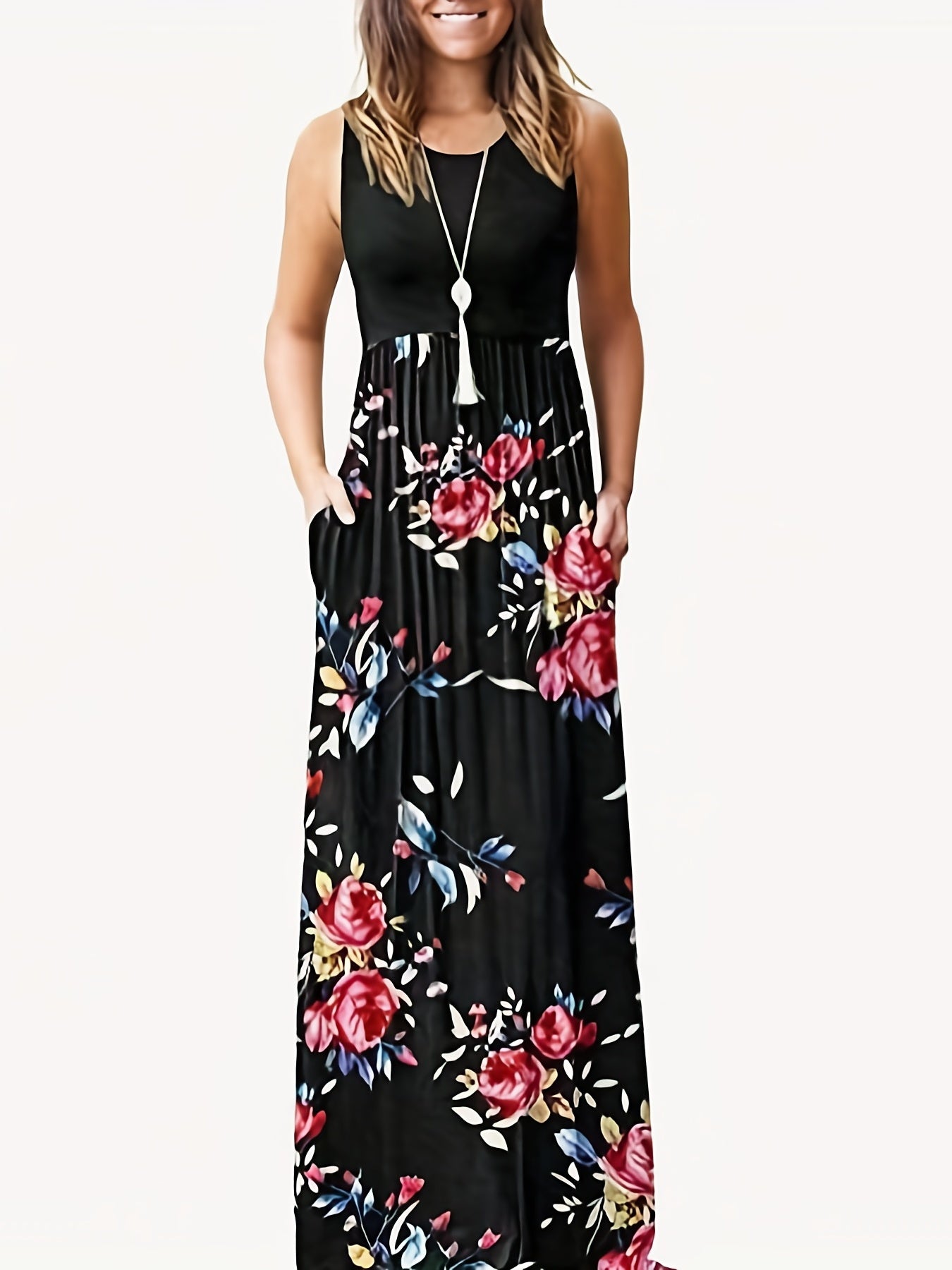  Floral Print Tank Maxi Dress With Pockets