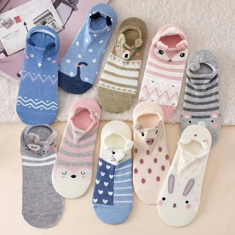 10 Pairs Cartoon Animal Print Socks Women's Low Cut Ankle Stockings