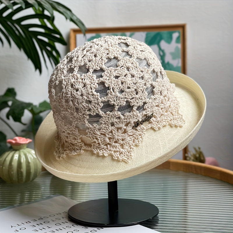 Flower Hollow Knitted Sun Hat Bucket Hat Foldable Cloche Hats for Women Summer