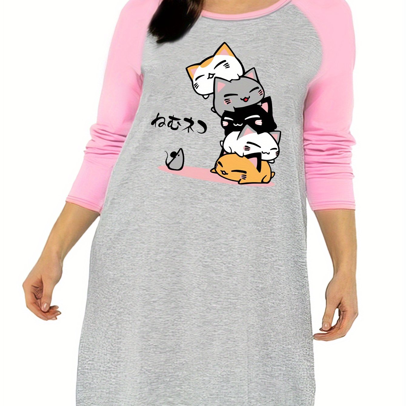  Cat & Mouse Graphic Raglan Sleeve Sleep Dress