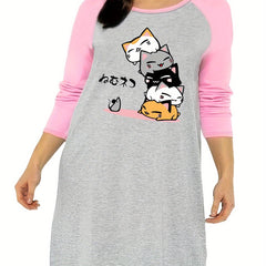  Cat & Mouse Graphic Raglan Sleeve Sleep Dress