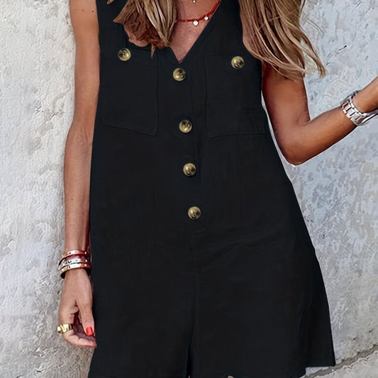  Casual Romper Women's Plus Solid Button Up V Neck