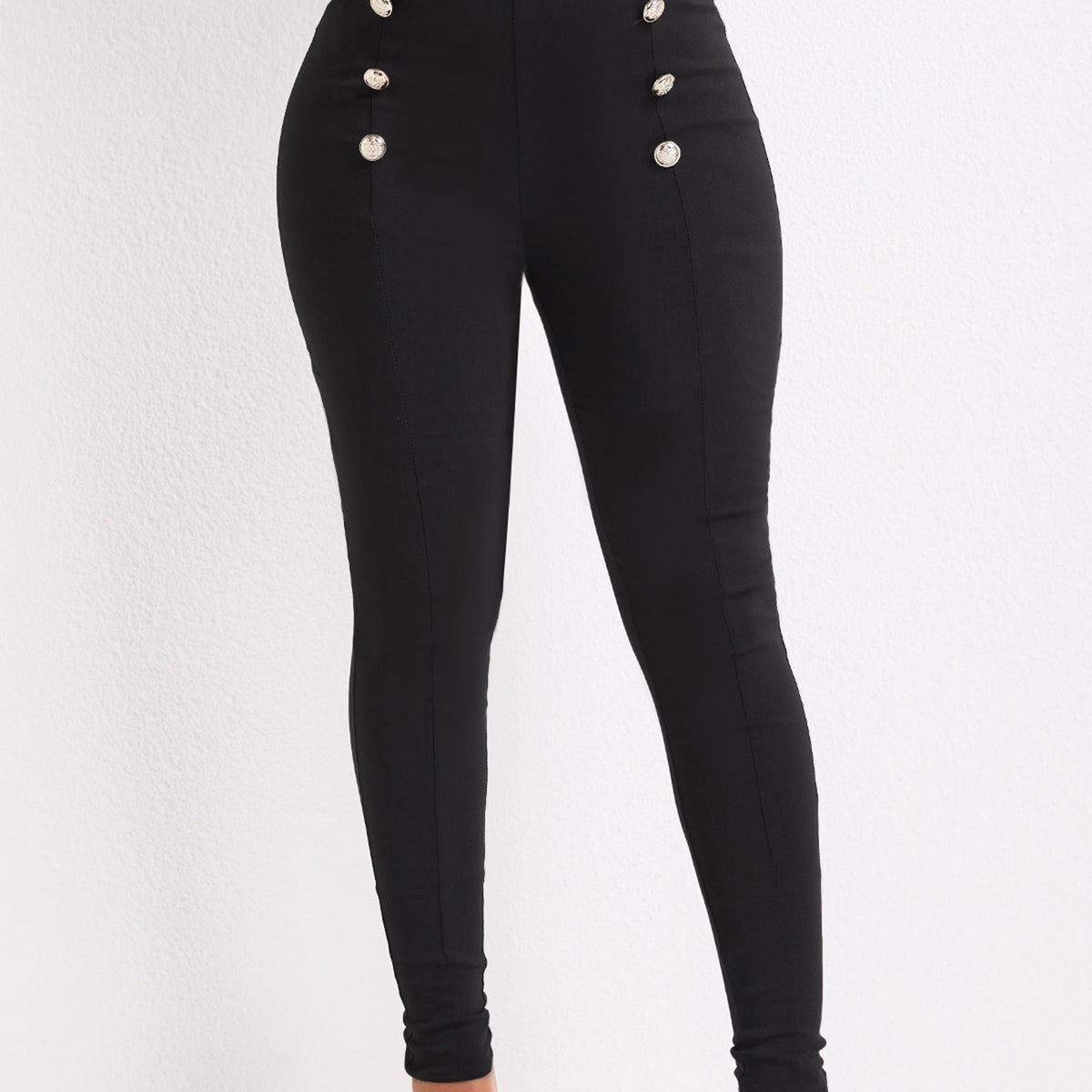 Solid Button Decor Pants High Waist Pants