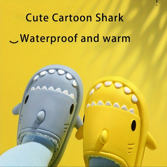 Girls' Cartoon Shark Fleece House Shoes - Non Slip Soft Bottom