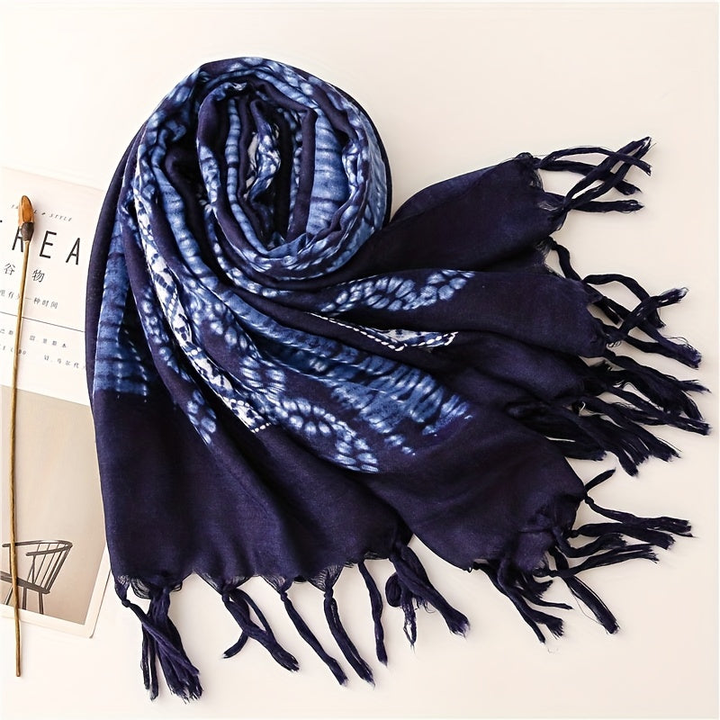 Tie Dyed Tassel Scarf Vintage Print Shawl Boho Windproof Head Wrap