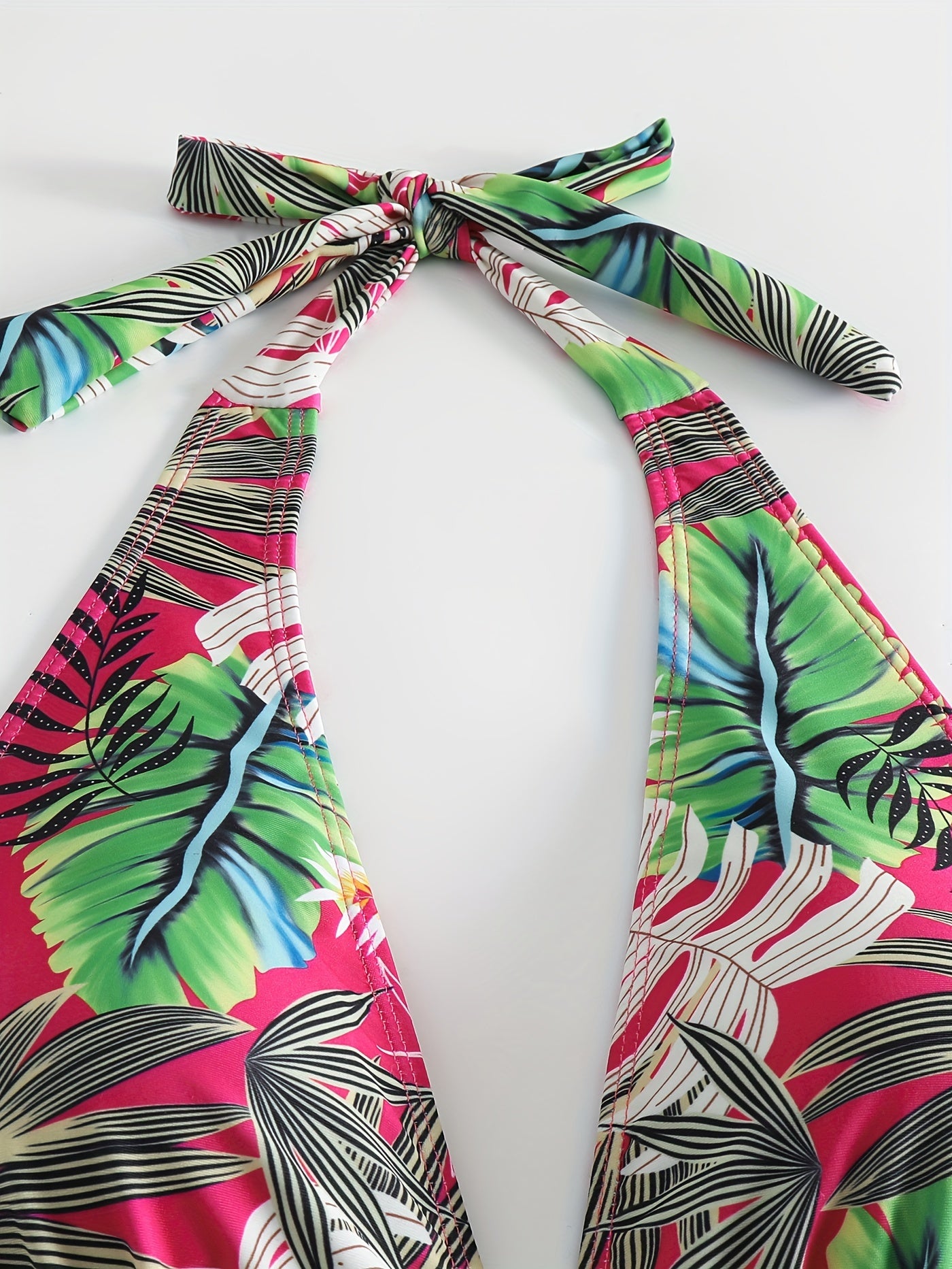 Dark Pink Tropical Print Tankini Sets V Neck Drawstring Tie Side High Cut