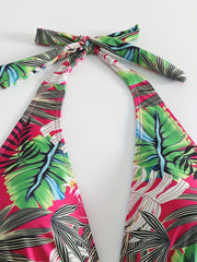 Dark Pink Tropical Print Tankini Sets V Neck Drawstring Tie Side High Cut