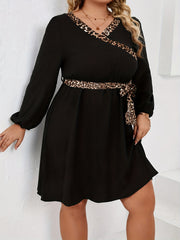 Colorblock Leopard Print Long Sleeve Belted Dress Women's Plus Medium Stretch