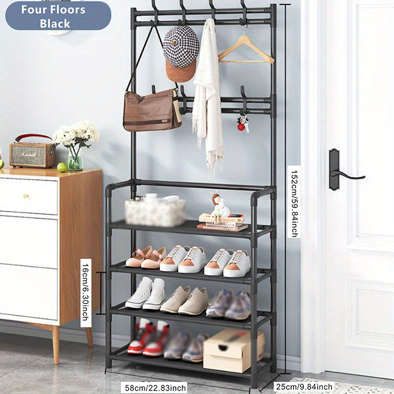 Entryway Coat Rack Shoe Storage Organizer 8 Hooks 4 Shelves Living Room