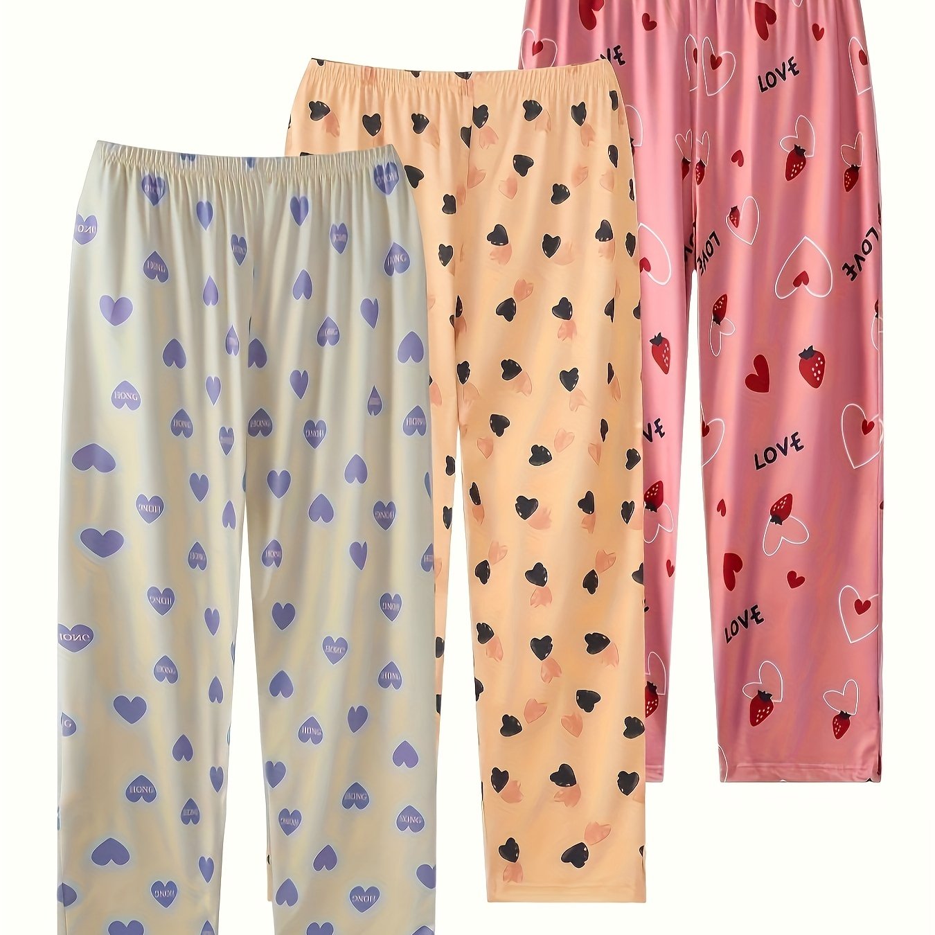 3 Pack Women's Plus Heart & Strawberry Print Sleep Bottoms