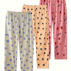 3 Pack Women's Plus Heart & Strawberry Print Sleep Bottoms