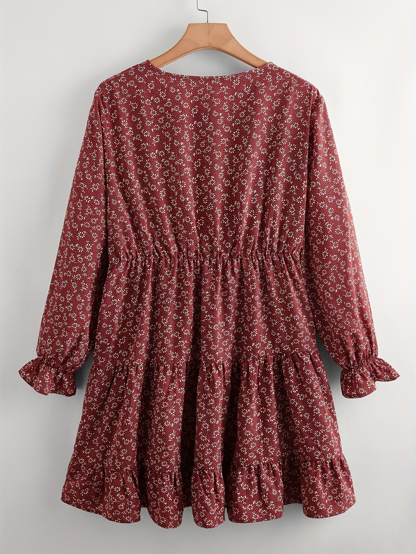  Boho Dress Ditsy Floral Print Ruffle Trim Smock Dress