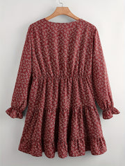  Boho Dress Ditsy Floral Print Ruffle Trim Smock Dress