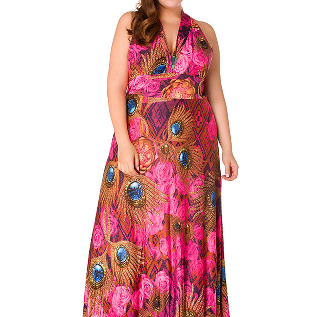  Deep V Neck Halter Ethnic Print Maxi Dress