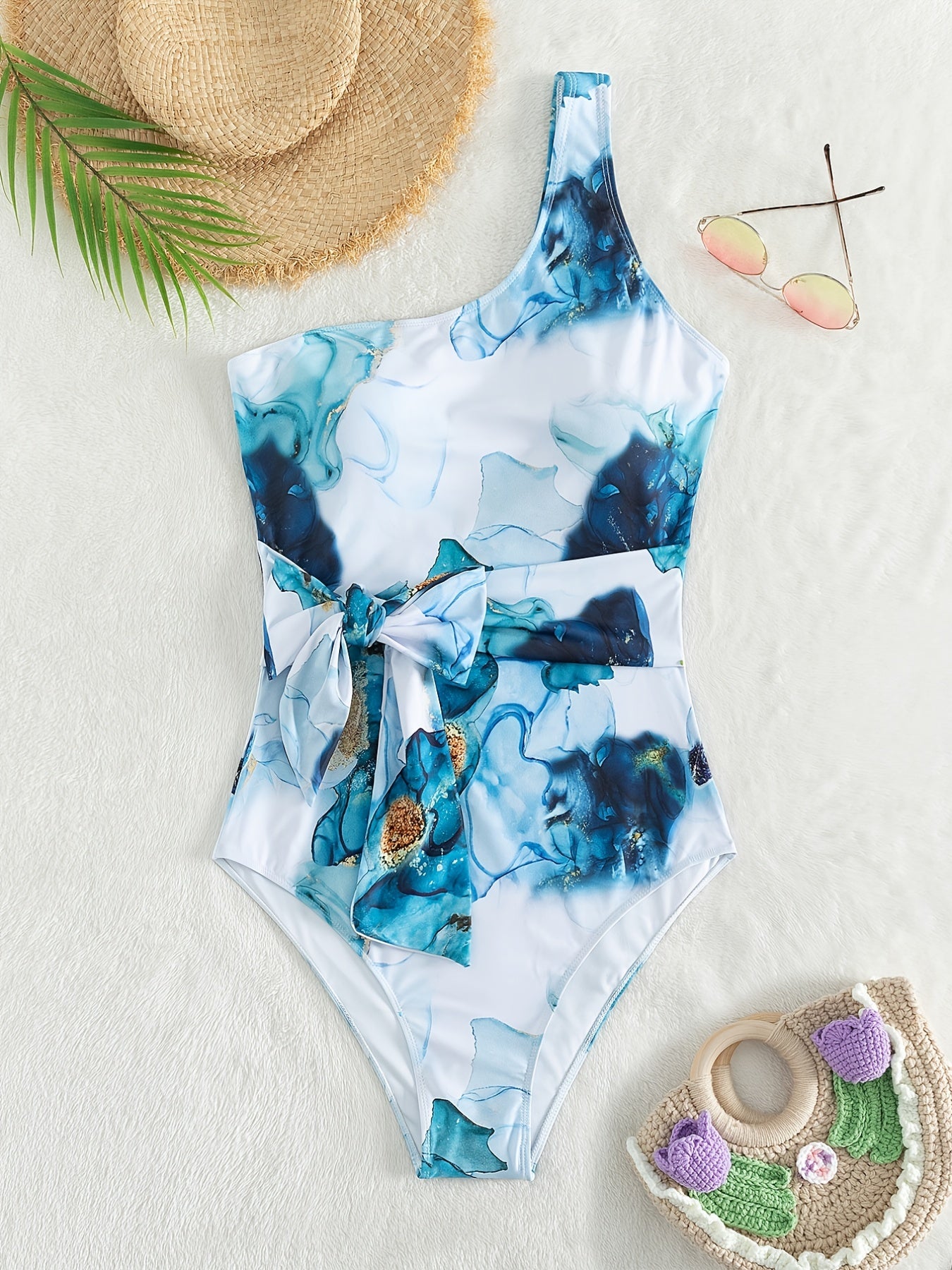  Tie Dye Side Knot One Shoulder One Piece Swimsuit