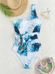  Tie Dye Side Knot One Shoulder One Piece Swimsuit