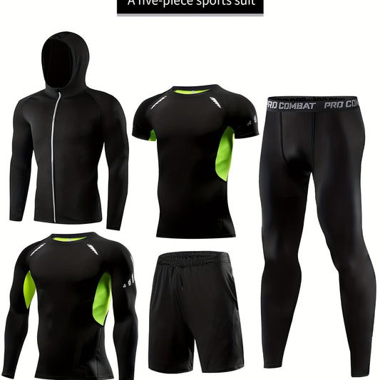 Xinso Men's 5pcs Fitness Set: Hooded Jacket, Compression Shirt