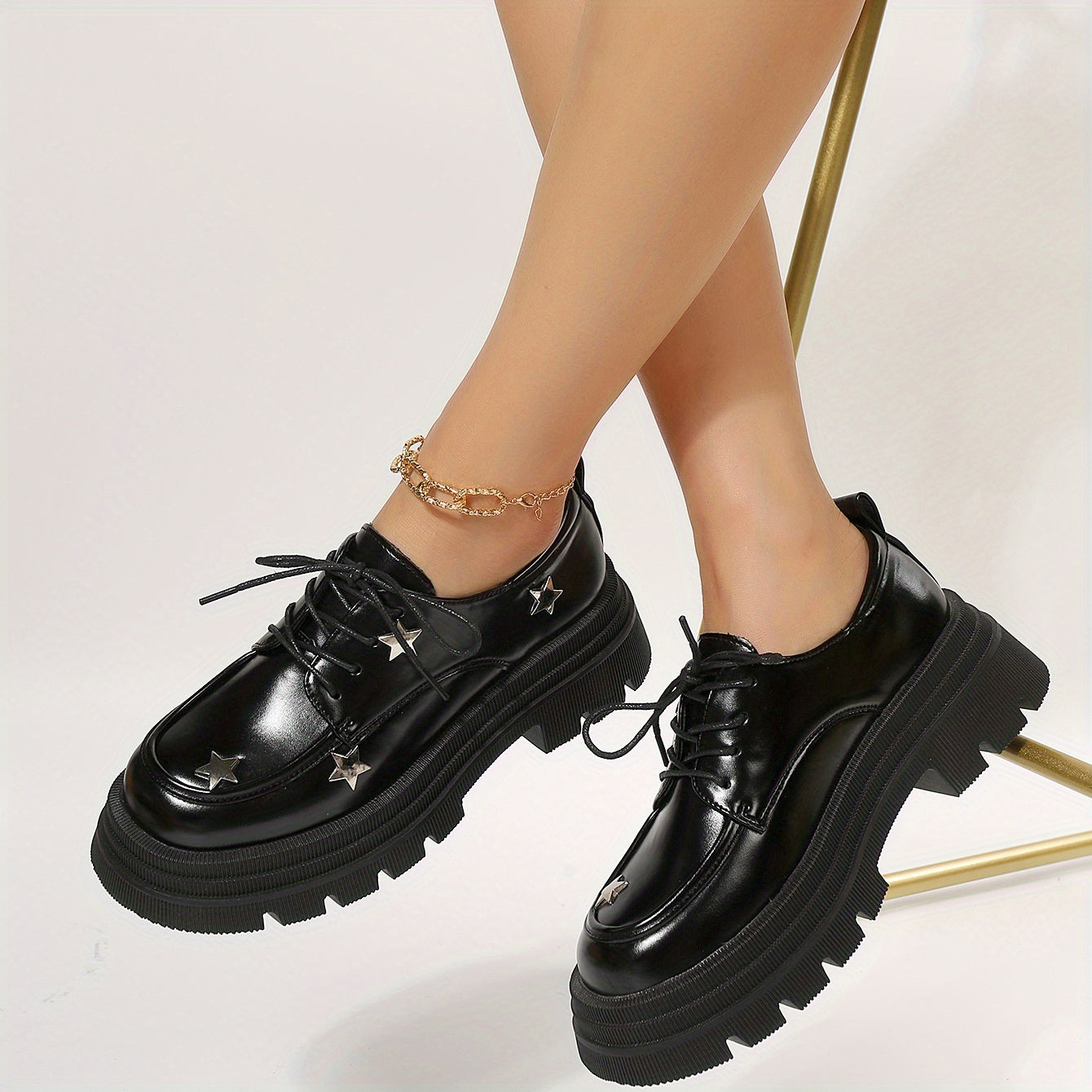 Women's Star Pattern Platform Loafers Lace Up Shoes