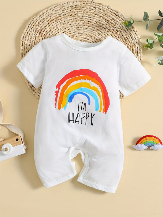 Baby Girls Cotton Short Sleeve Romper With Rainbow Print