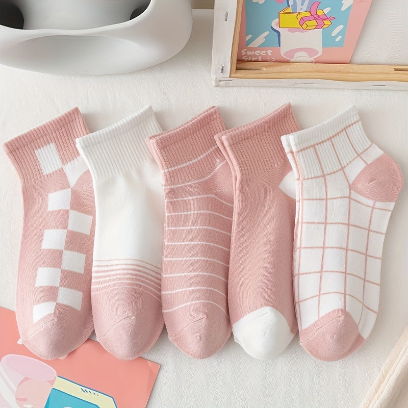 5 Pairs Striped & Plaid Socks & Lightweight Short Socks Women's Stockings
