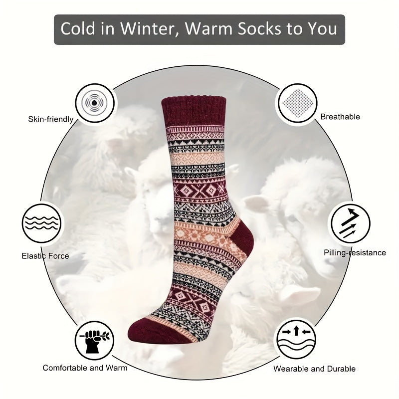 5 Pairs Winter Rabbit Wool Socks Men Women Warm Ethnic Style Soft Crew Socks