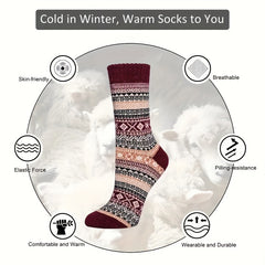 5 Pairs Winter Rabbit Wool Socks Men Women Warm Ethnic Style Soft Crew Socks