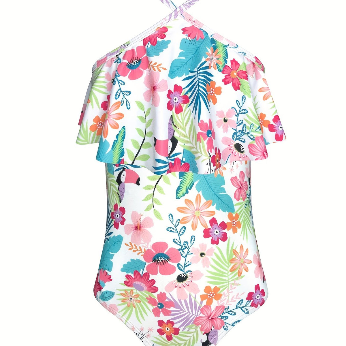 Girls' Floral Ruffled Trim Suspenders Swimsuit