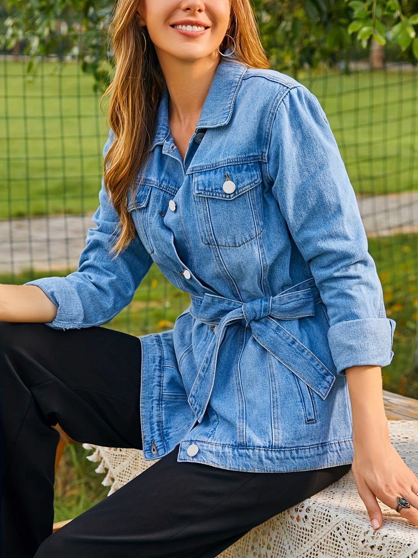  Denim Jacket Button Up Lapel Collar Belted w/ Pockets
