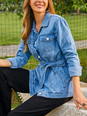  Denim Jacket Button Up Lapel Collar Belted w/ Pockets