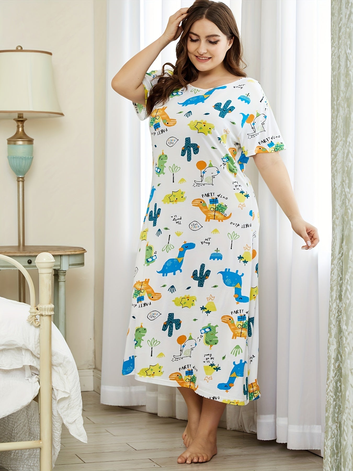  Dinosaur Print Nightdress Short Sleeve Sleep Dress