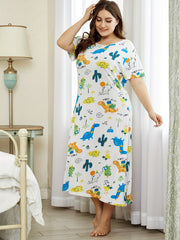  Dinosaur Print Nightdress Short Sleeve Sleep Dress