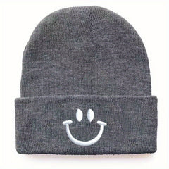 Knitted Hat with Happy Face Embroidery for Men and Women