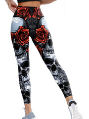 Floral & Skull Print Yoga Pants High Stretch Leggings Halloween Activewear