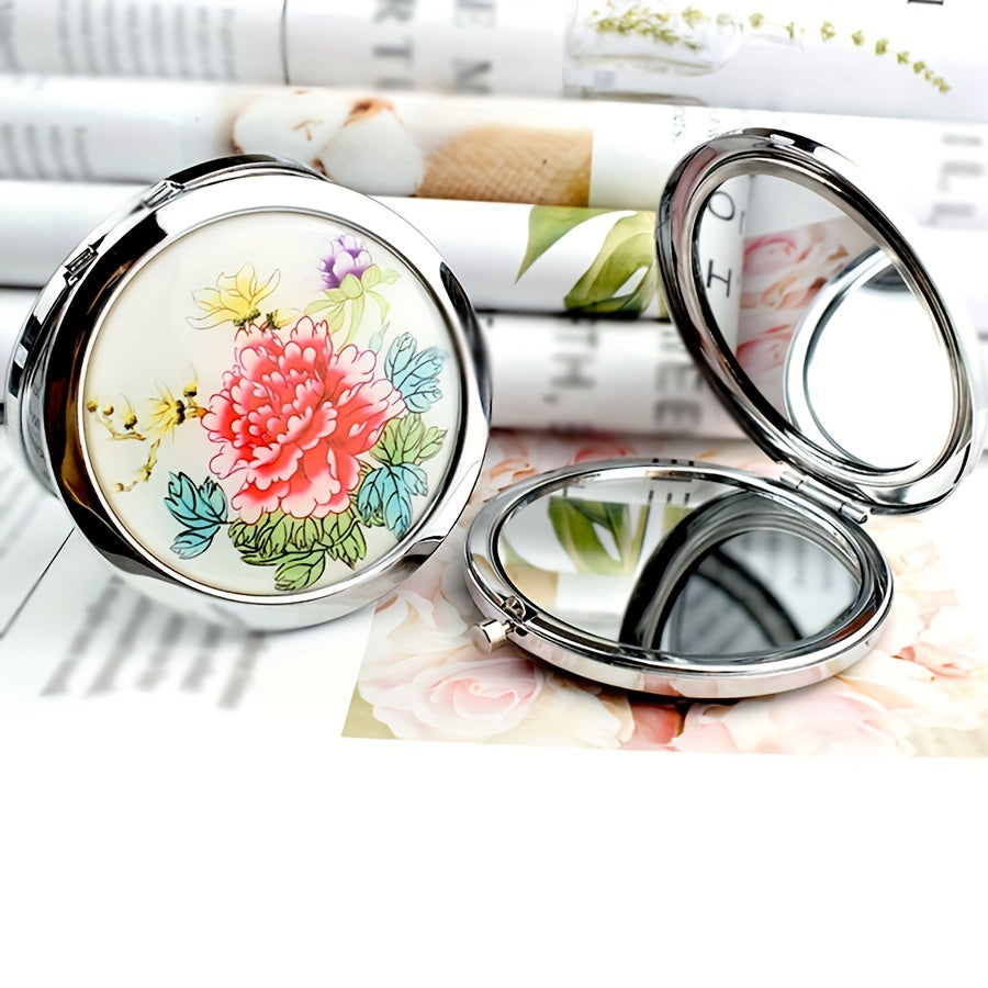 Peony Pattern Folding Compact Mirror Double Side Round Cosmetic Touch up Mirror