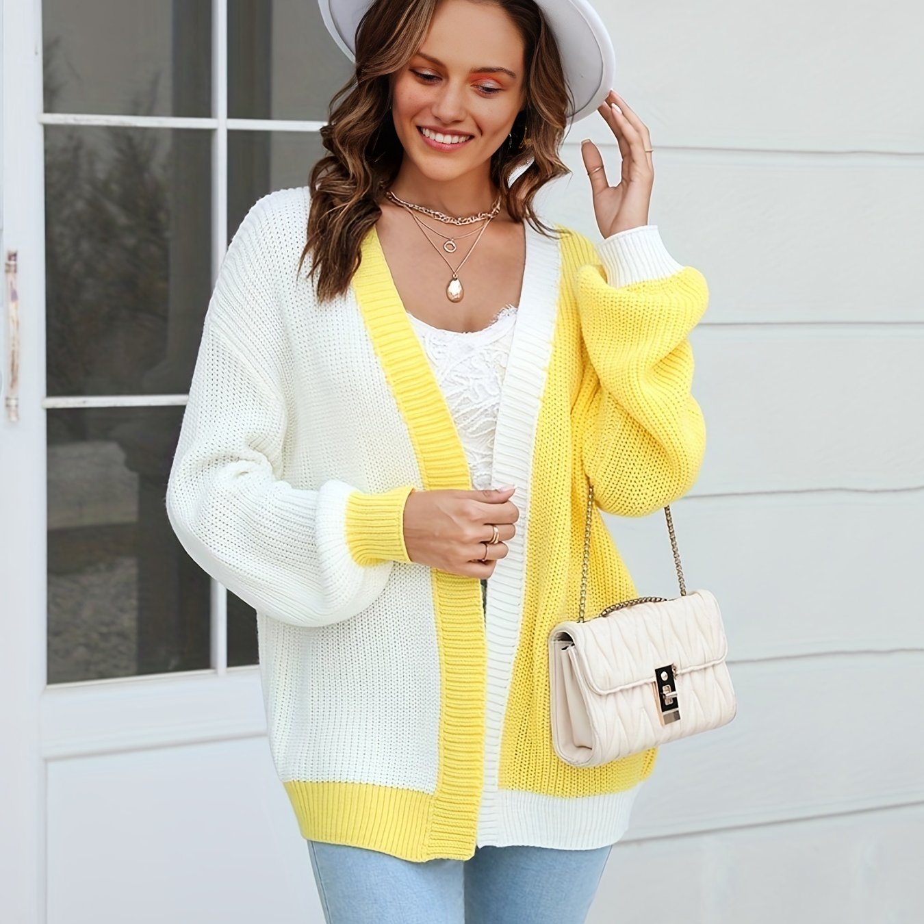  Colorblock Lantern Sleeve Cardigan
