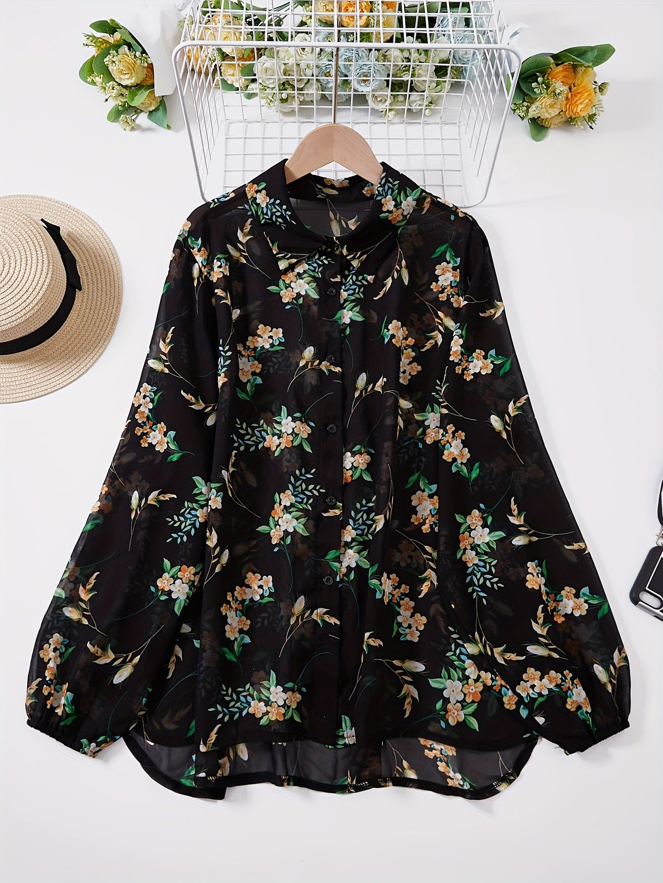  Floral Print Button Up Long Sleeve Blouse