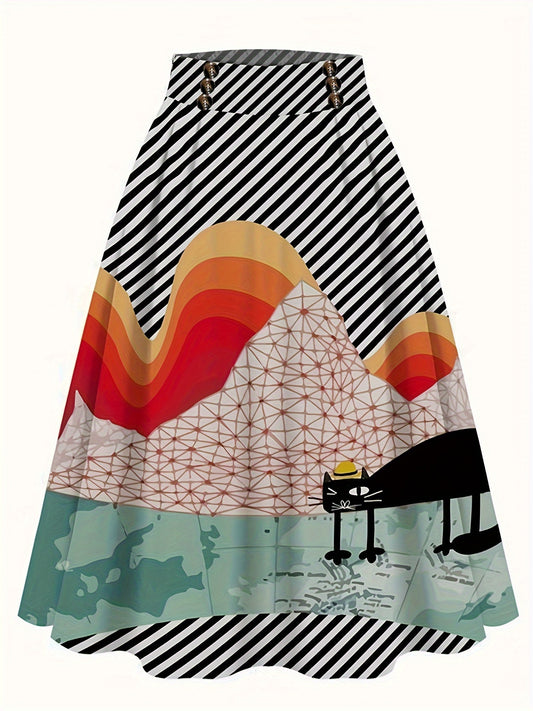  Colorblock Stripe & Cat Print Skirt