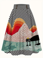 Colorblock Stripe & Cat Print Skirt