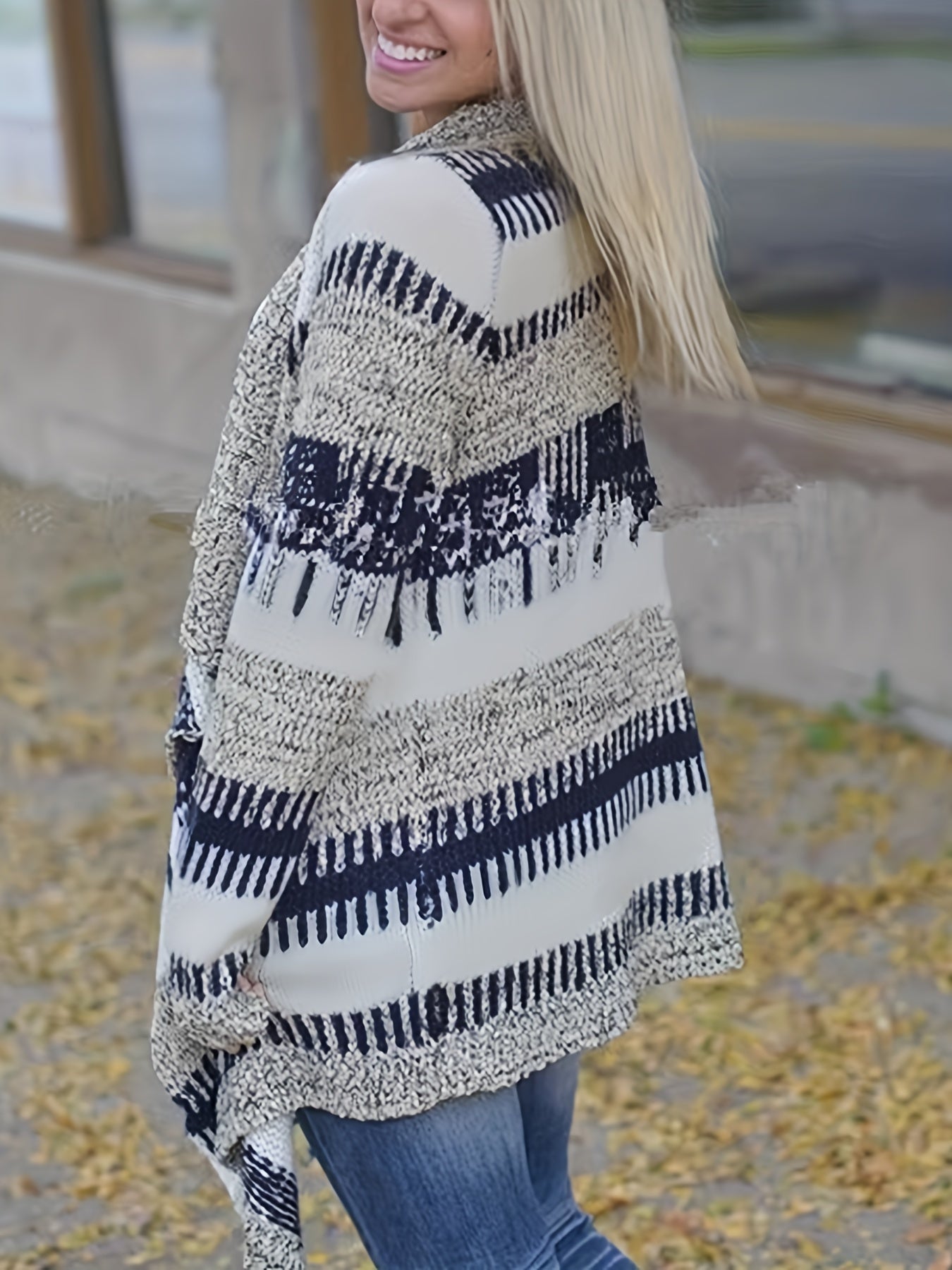  Colorblock Print Open Front Cardigan